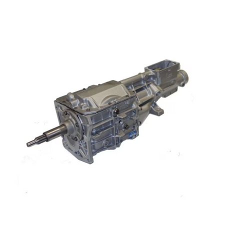 T5 '85-'93 Ford Mustang Manual Transmission reman unit with sleek silver casing, designed for performance and fitment.