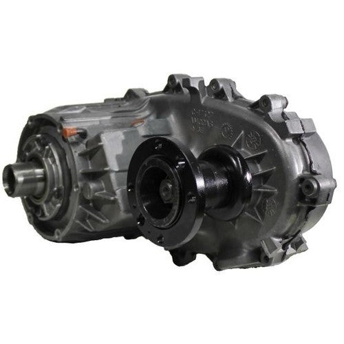 np241j transfer case with black output shaft and gray housing, showcasing side view and details.