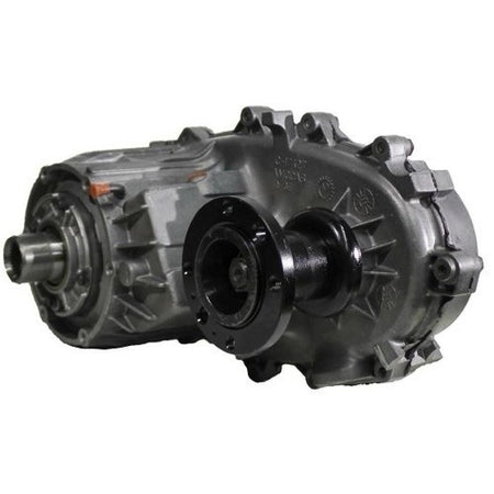 np241j transfer case with black output shaft and gray housing, showcasing side view and details.