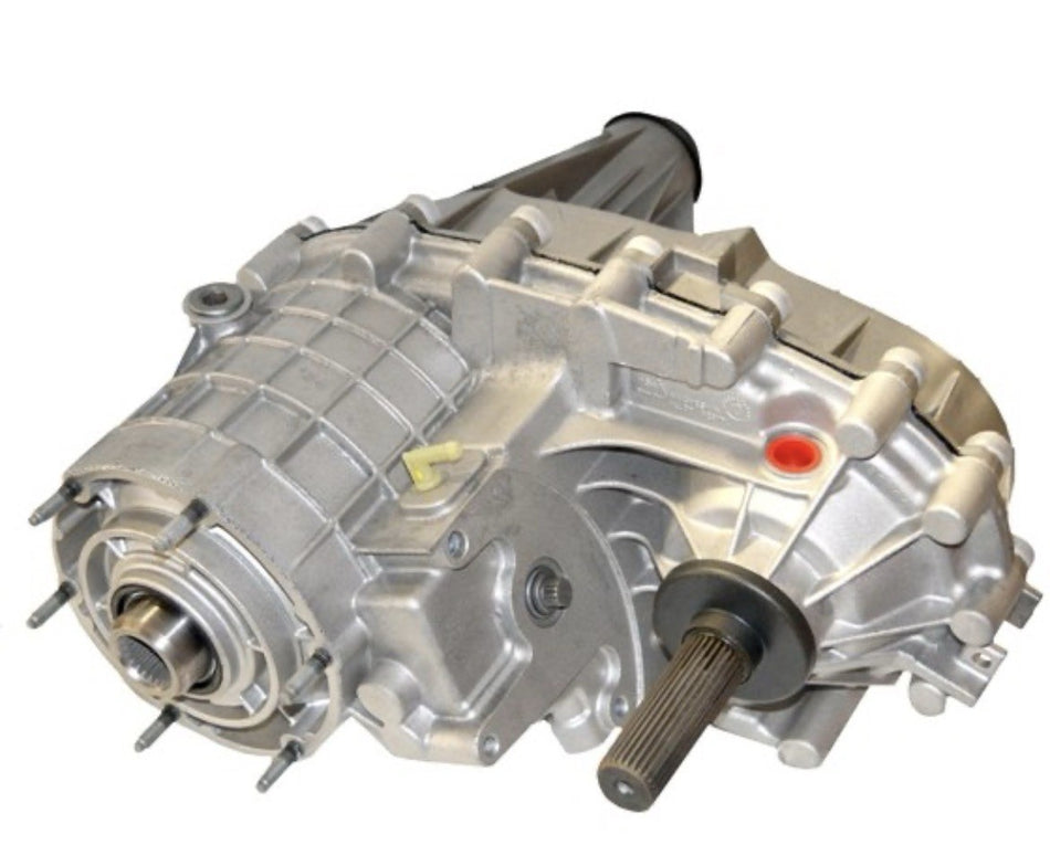 NV246D NP246D transfer case with silver casing and output shaft, ideal for vehicle transmission systems.