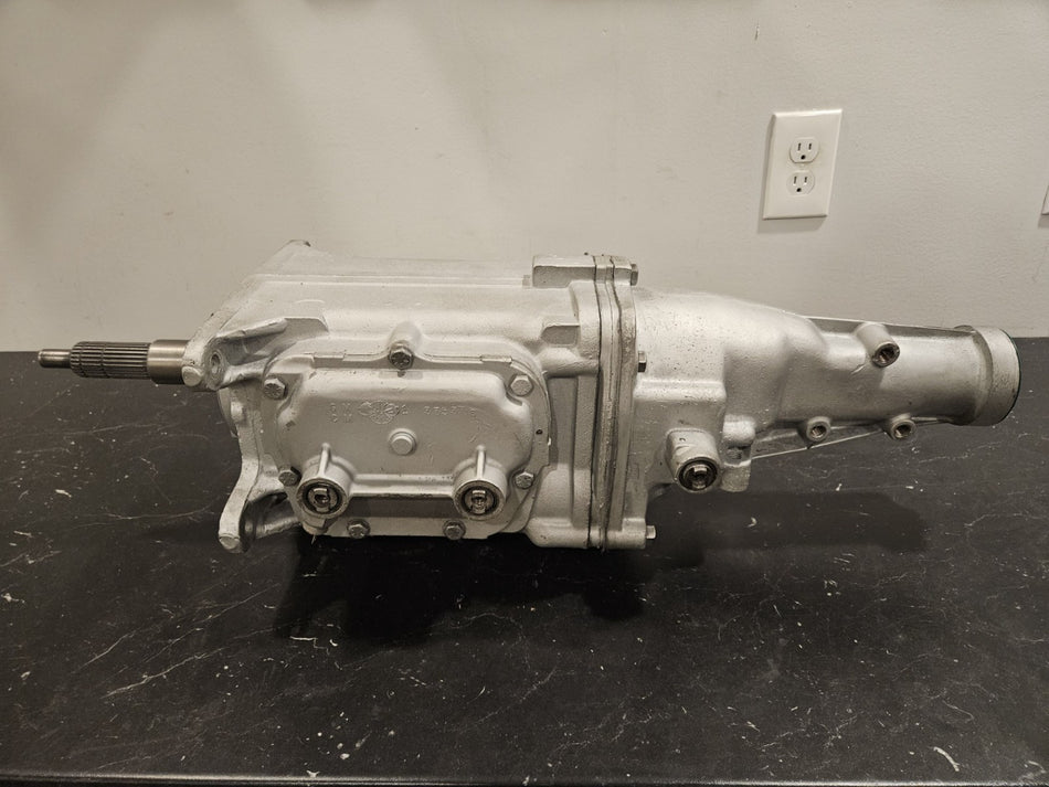 Muncie M21 Chevy manual transmission side view showing larger spline input and output for models '71-'74