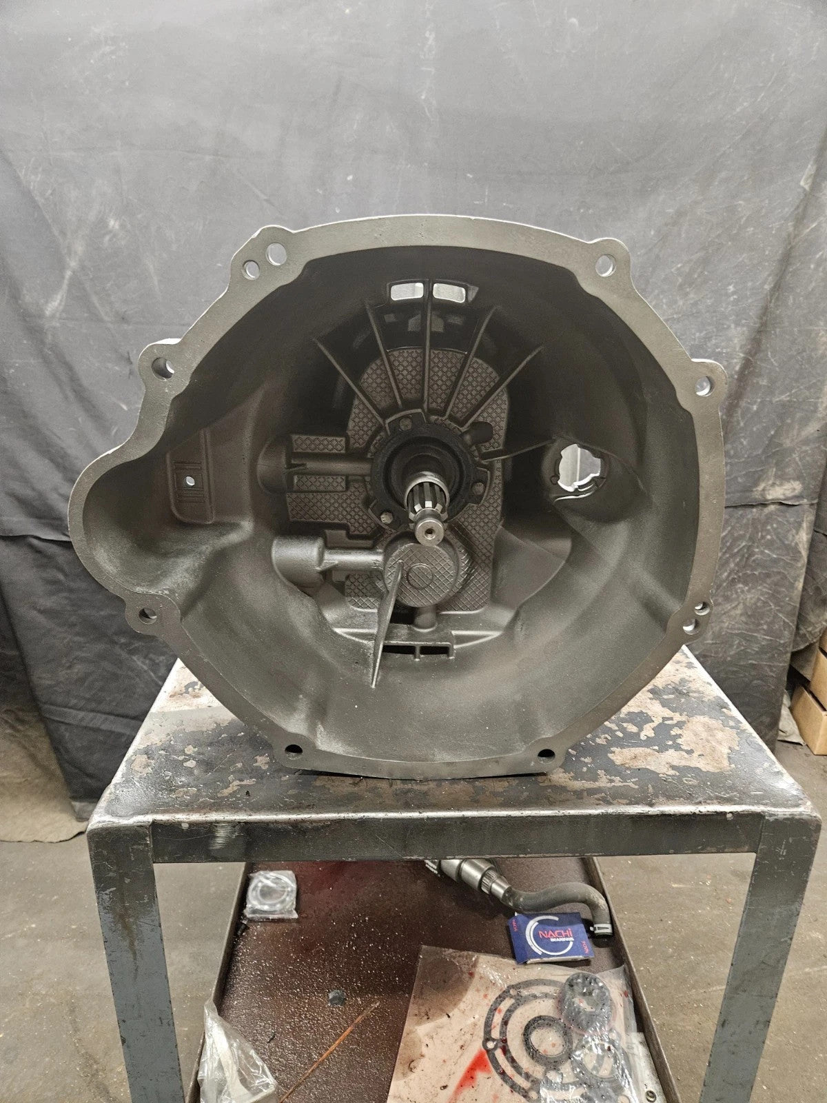 ZF 6 SPD manual transmission view showcasing interior components on a metal workbench.