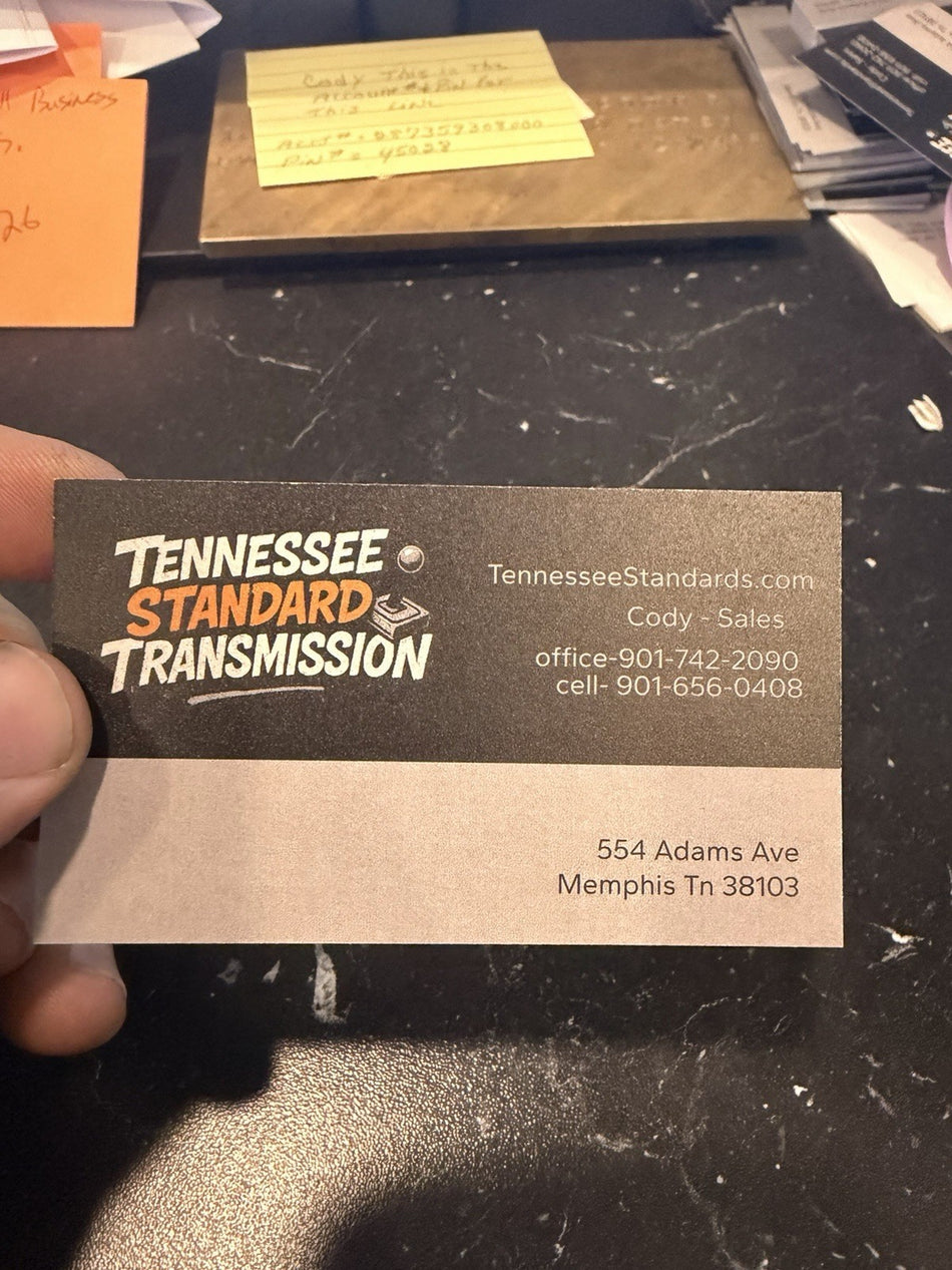 Business card for Tennessee Standard Transmission with contact details and location in Memphis, TN.