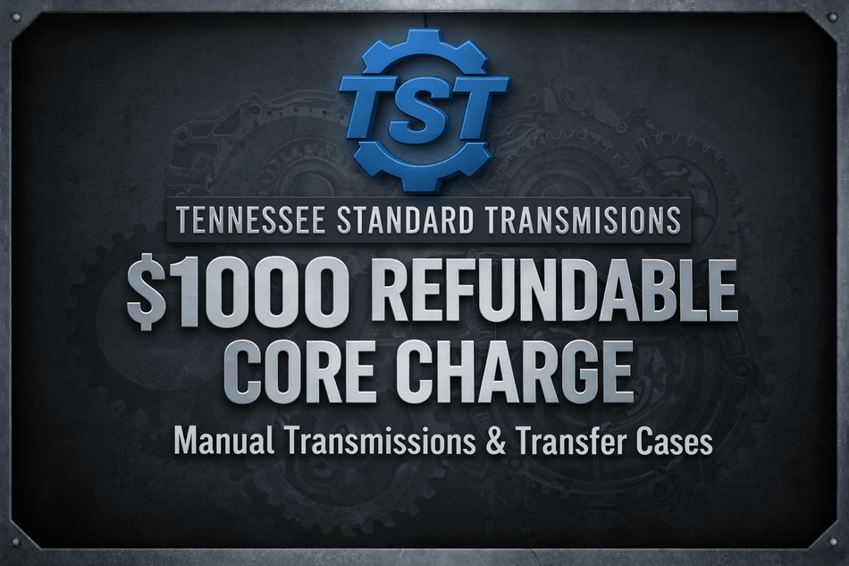 Core Charge - $1,000 Refundable core charge for manual transmissions and transfer cases.