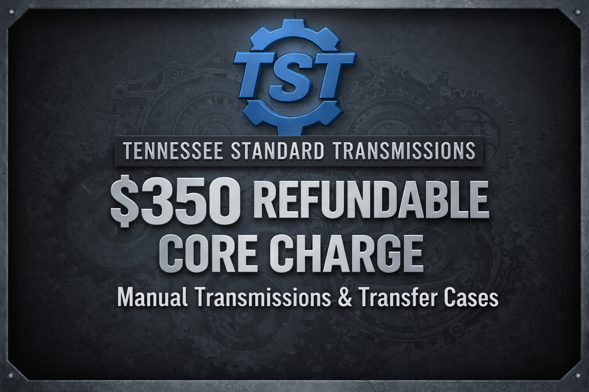Core Charge - $350 Refundable Core Charge for Manual Transmissions & Transfer Cases at Tennessee Standard Transmissions.
